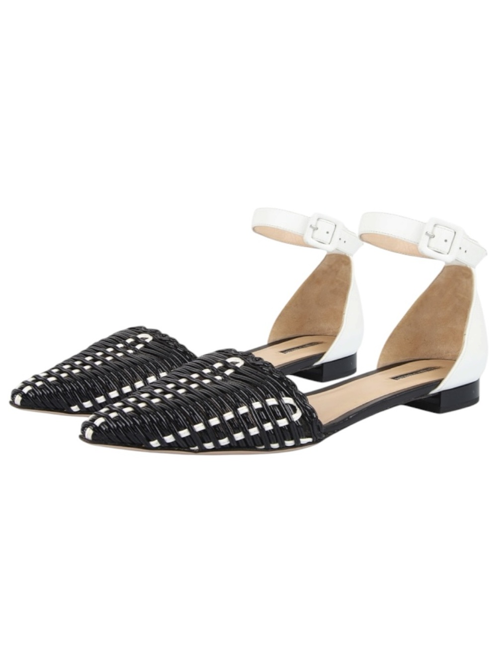 NWT Emporio Armani Two Tone Black & White Woven Leather Ankle Strap Flats - 6.5